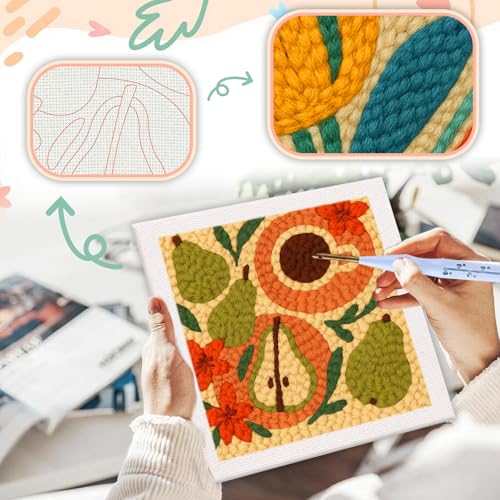 SDOYUNO Punch Needle Kit with Frame for Adults Beginners Kits 9.84 x 9.84 Inch Embroidery Starter Kits Punch Needle Kit with Fruit Pattern, Threader, Yarns, Rug Punch, DIY Craft Kits (Apricot) - color: apricot