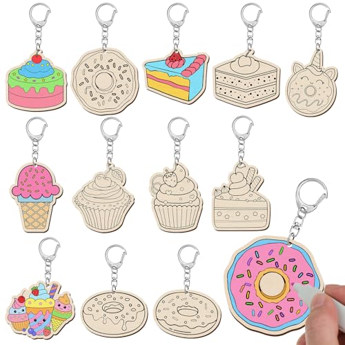Trnayi 36 Pcs Dessert Unfinished Wood Keychain Color Your Own DIY Craft - style: Ice Cream