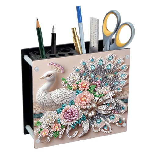 DIY 5D Acrylic Diamond Painting Pen Holder, Elegant Peacock Desk Organizer with Beads, Crystal Rhinestones Diamond Art Pencil Organizer for Home, Office & Gift - color: Peacock