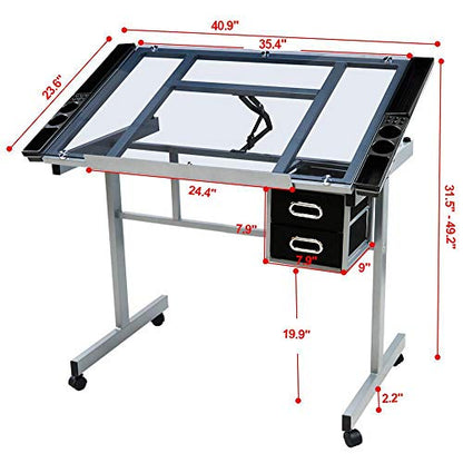 Yaheetech Glass Drafting Table with Storage, Adjustable Art Drawing Desk