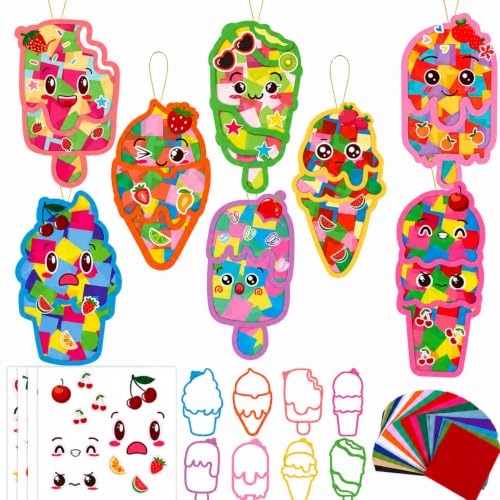 DoubleFill 48 Pcs Summer Ice Cream Suncatchers Craft Kits DIY Summer Ice Cream Stained Glass Effect Tissue Paper Kits Bulk for Window Decor Home Ornament Party Favors Art Activities - style: Summer Ice Cream