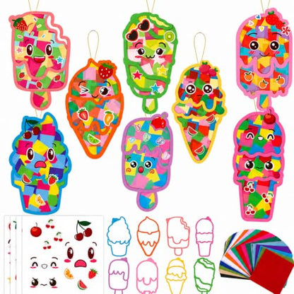 DoubleFill 48 Pcs Summer Ice Cream Suncatchers Craft Kits DIY Summer Ice Cream Stained Glass Effect Tissue Paper Kits Bulk for Window Decor Home Ornament Party Favors Art Activities - style: Summer Ice Cream