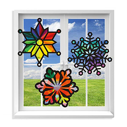 VHALE Suncatchers Craft 3 Sets (9 Cutouts) w Tissue Papers Stained Glass Effect Paper Sun Catcher Kit, Window Art, Classroom Crafts, Creative Art Projects, Kids Party Favors (Snowflake) - style: Snowflake