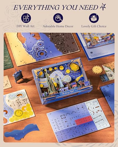 Rowood Starry Night 3D Puzzles for Adults,Mother's Day DIY Wooden Vincent Van Gogh Painting Artwork Craft Kit Building Set with LED,Home Decor Botanical Collection Gift for Family on Christmas - style: The Starry Night