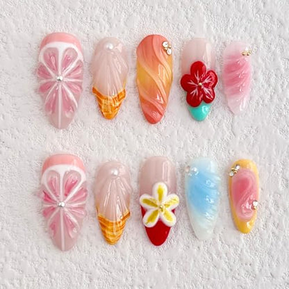 Luxury Press on Nails Medium Almond Handmade 3D Unique Reusable ABS Material Fake Nails Pink Grapefruit False Nails with Designs Red Flower Shell Art Petal Glossy Glue on Nails Thick Acrylic Nails(S) - color: N01, size: S