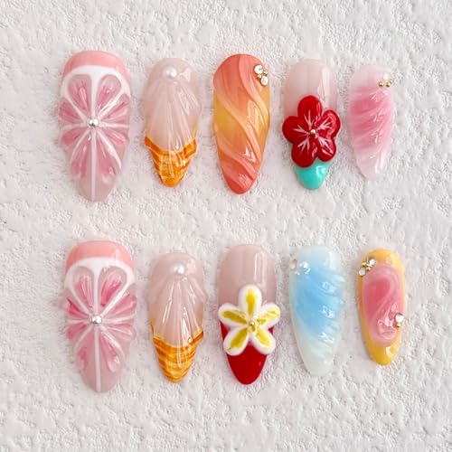 Luxury Press on Nails Medium Almond Handmade 3D Unique Reusable ABS Material Fake Nails Pink Grapefruit False Nails with Designs Shell Red Flower Art Petal Glossy Glue on Nails Thick Acrylic Nails(M) - color: N01, size: M
