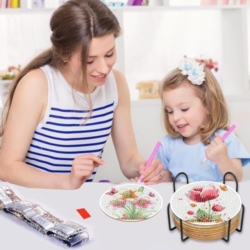 Xylogist 8 Pcs Flowers Diamond Art Coasters with Holder Cork Pads - color: Flowers Butterfly Diamond Art Coasters