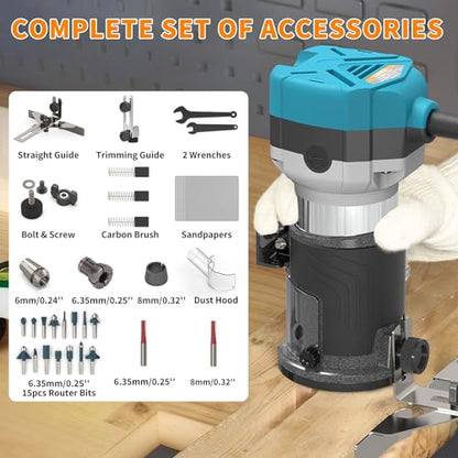 TWOWIN Router Tool, 6.5 Amp 1.25 HP Hand held Wood Router Tool - color: Deep Blue and Black
