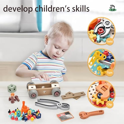 Magic Montessori Play Toolbox, Design and Drill Toy, Kids Tool Set Box Kit for Toddler 3-5 Drill and Screw Toys, Building STEM Educational Kids Real Power Tools Toy for Boy Girl