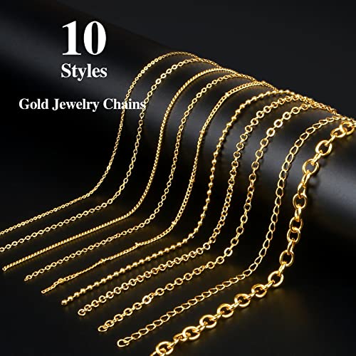 Ecoofor Gold Necklace Chains for Jewelry Making, 78.7 Feet 10 Rolls Jewelry Chains for DIY Necklace Bracelet Jewelry Making with Jump Rings/Lobster Clasps/Connectors - color: Gold, size: 10 Rolls