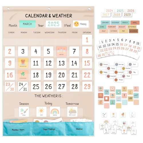 Classroom Boho Calendar & Weather Pocket Chart with 111 Cards, Circle Time Learning Center for Kids and Toddler, Preschool Must Haves! - color: bright Boho