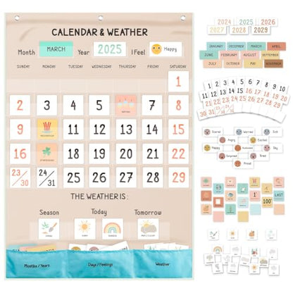 Classroom Boho Calendar & Weather Pocket Chart with 111 Cards, Circle Time Learning Center for Kids and Toddler, Preschool Must Haves! - color: bright Boho