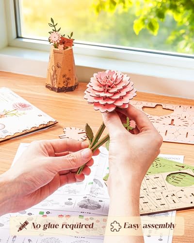 Rowood 3D Puzzle,Mother's Day DIY Wooden Flower Building Craft Kits for Adults,Botannical Collection Home Decor,Christmas/Birthday/Teacher's Day/Valentine's Day Gift- Pink Dahlia - style: Pink Dahlia