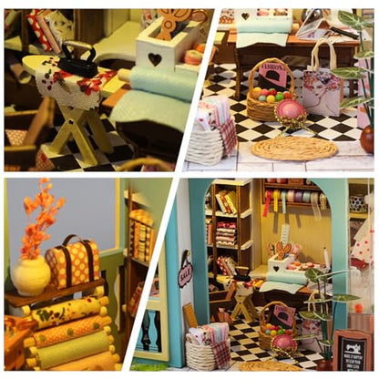 Tailor Shop DIY Miniature House Kit, Wooden Dollhouse with LED for Adults - style: Tailor Shop