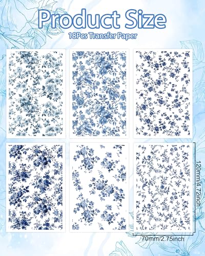 Puocaon Blue Flower Clay Transfer Paper - 18 Pcs Traditional Chinoiserie Art Design Transfer Sheets for Polymer Clay Blue Floral Earrings Design Jewelry Making - color: chinoiserie