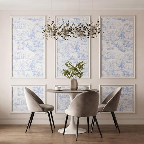 Pangda 3 Set Peel and Stick Wall Molding Kit 54 x 24 in 3D Pre Cut Accent Molding Wainscoting Panel with 24 in x 20 ft Blue and White Toile Wallpaper and 8 Pcs Smoothing Tool Kit Trim DIY Walls Decor