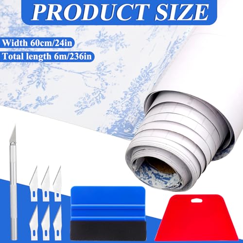 Pangda 3 Set Peel and Stick Wall Molding Kit 54 x 24 in 3D Pre Cut Accent Molding Wainscoting Panel with 24 in x 20 ft Blue and White Toile Wallpaper and 8 Pcs Smoothing Tool Kit Trim DIY Walls Decor