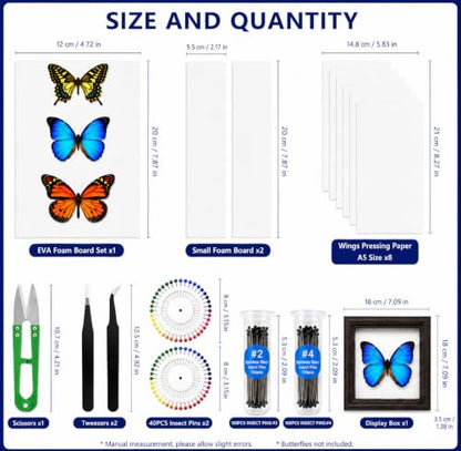 Insect Pinning Kit for Beginners with Walnut Display Case, Butterfly & Bug Specimen Mounting Kit, EVA Foam Spreading Board, Insect Pins, Tweezers, Scissors & Wing Pressing Paper - size: Kit with Walnut Display Case