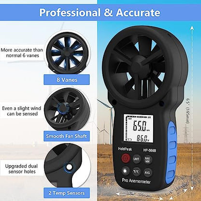 HoldPeak Handheld Anemometer Bluetooth, Digital Wind Speed Gauge Meter, Air Flow Velocity Temperature CFM Measuring Device for HVAC Outdoor Sailing Shooting Golf, 866B-APP - color: 866B-APP (1 PC)