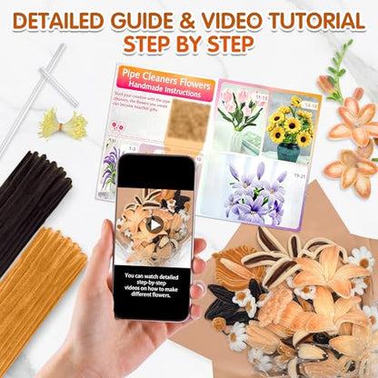 LINAYE 500 PCS Pipe Cleaners Craft, 6 Colors Pipe Cleaners Flowers Kit, Chenille Stems for Crafts with Instruction Wrapping Paper, Flower Stamens, Stems Art and Craft Supplies Brown - color: Brown