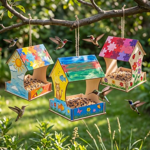 DoubleFill 12 Pack Wooden Bird Feeder Kits, DIY Bird House Kits, Build and Paint Craft for Adults, Unfinished Birdhouse Wood Craft for Educational Fun Art Outdoor Activities Gift