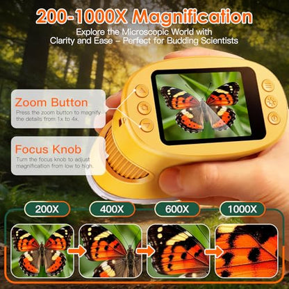 4K 1000X Handheld Digital Microscope for Kids with 2.0" IPS Screen(Yellow) - color: Yellow