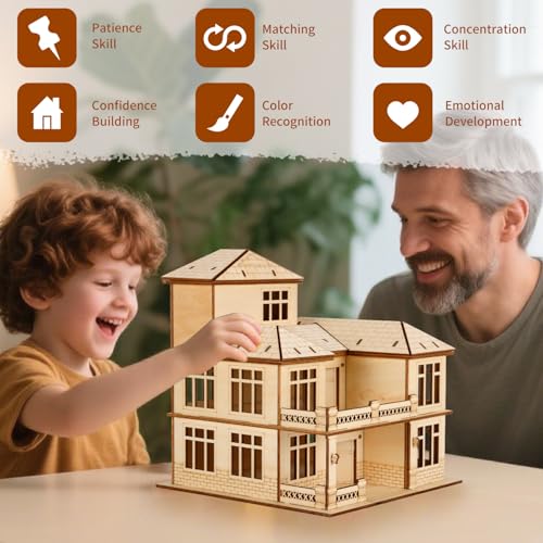 3D Wooden Puzzle for Adults, DIY Miniature Courtyard Villa House Building - color: Courtyard Villa Wood Color 05