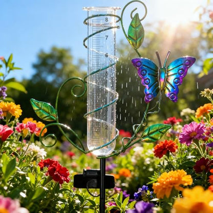 Butterfly Rain Gauge Outdoor, Garden Solar Rain Gauges Waterproof - color: Purple - Butterfly