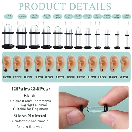 GEMQUEEN 24 Pcs 0.5mm Increments Glass Ear Stretching Kit Hypoallergenic - color: Black, size: 24pcs|1.6mm-7mm(14g-1g)