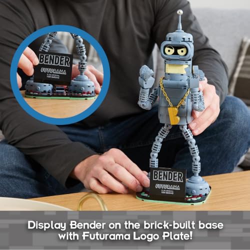 Brickcraft Futurama Bender Brick Building Kit | 396-Piece Posable Robot Figure with Gold Chain & Drinks | Sci-Fi Collectible Display Model, Holiday for Adults, Teens & Animated TV Fans - style: Bender