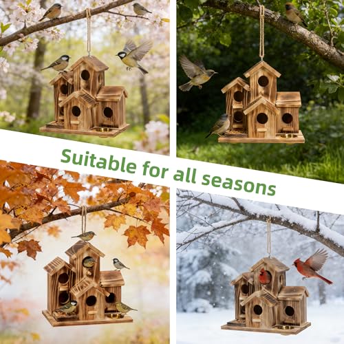 MIXXIDEA Bird House 5 Hole Bird Houses for Outside with Thickened Wooden Board，Birdhouse for Blue Bird Humming Bird and Chickadee Swallow. Hanging Edible Wild Bird Nest Garden Decorative