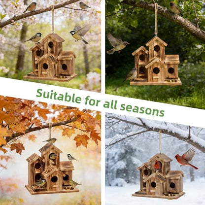 MIXXIDEA Bird House 5 Hole Bird Houses for Outside with Thickened Wooden Board，Birdhouse for Blue Bird Humming Bird and Chickadee Swallow. Hanging Edible Wild Bird Nest Garden Decorative