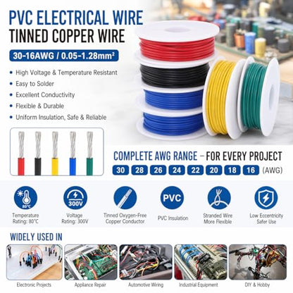 16 AWG Stranded Hook Up Wire Kit, 5 Colors 5m Each, 25m Total, Tinned Copper PVC Electronic Wire, 300V 80°C, 1.28mm², 2.4mm OD - color: Red Black Yellow Blue Green, size: 16AWG
