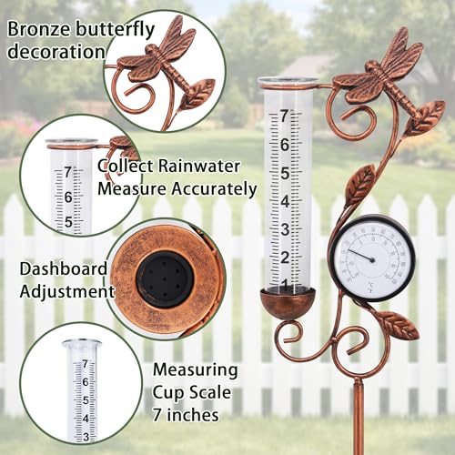 36.5in Dragonfly Rain Gauge Thermometer Bronze Metal Garden Stake Decor - color: Bronze Dragonfly