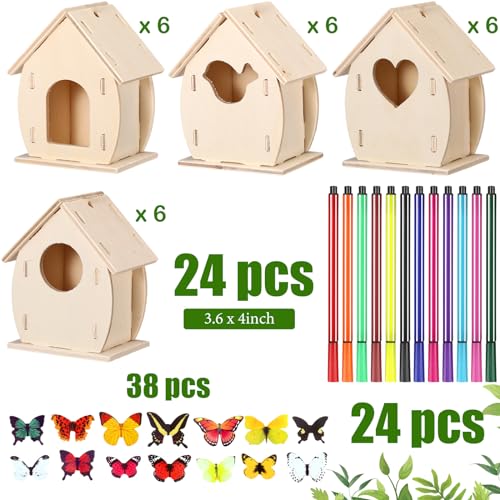 Outus 24 Pcs Wooden Birdhouse Kits for Kids, 4 Shapes Unfinished, Cute - style: Cute