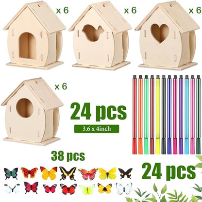 Outus 24 Pcs Wooden Birdhouse Kits for Kids, 4 Shapes Unfinished, Cute - style: Cute