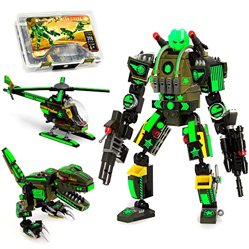 JITTERYGIT Robot Army Buildable Mech Soldier Glow in The Dark Gift Toy Set, Helicopter Military Creative STEM Project, Dinosaur Building Bricks Kit for Kids Ages 6-11 Years Old - style: Army Robot