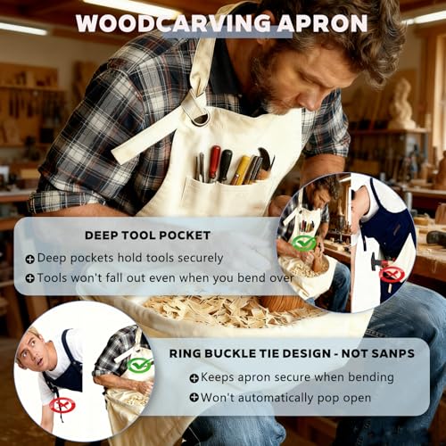 Woodcarving Apron-Work Apron with Brown Leather Chest Patches, Tool Pocket - color: White