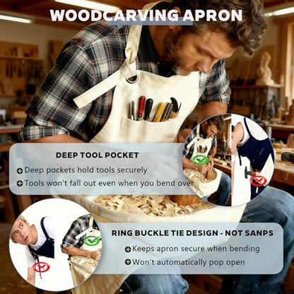 Woodcarving Apron-Work Apron with Brown Leather Chest Patches, Tool Pocket - color: White