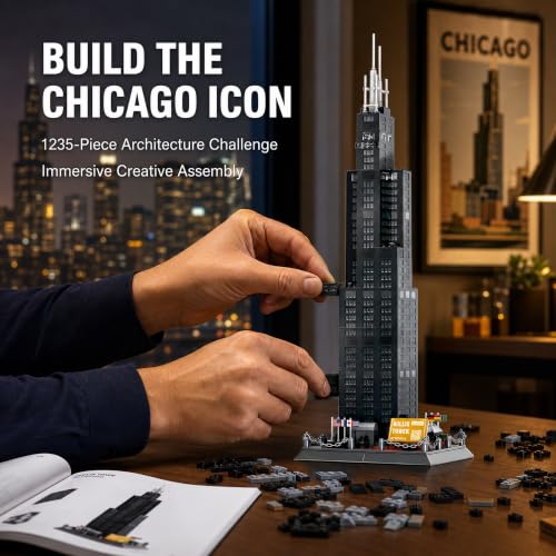 Willis Tower Chicago Architecture Building Block Set 1235 Pcs Famous City Skyline Landmark Model Kit Tall Skyscraper Construction Toy for Adults & Teens Home Office Desk Decor Display Gift - style: Chicago Willis Tower