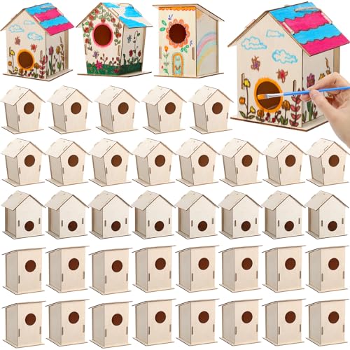 DoubleFill 12 Pcs Bulk Wooden Bird Houses Kits for Kids Mini Bird House for Craft DIY Unfinished Wood Birdhouse to Paint, Build for Children Wooden Arts Classroom Activity, 3 Styles