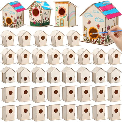 DoubleFill 12 Pcs Bulk Wooden Bird Houses Kits for Kids Mini Bird House for Craft DIY Unfinished Wood Birdhouse to Paint, Build for Children Wooden Arts Classroom Activity, 3 Styles