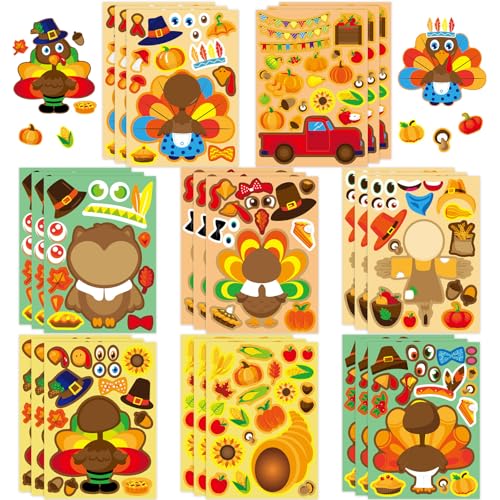 24 Sheets Thanksgiving Make a Face Sticker, Make Your Own Fall Thanksgiving Stickers Scarecrow Owl Turkey Stickers for Home School Classroom Crafts Activities Autumn Harvest Party Favors - style: Thanksgiving