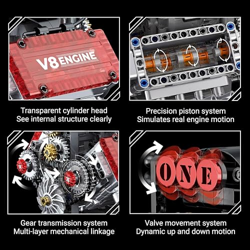 Motorized V8 Engine Model Building Kit, Mechanical Engine Model that Moves, STEM Engineering Assembly Kit with Gear System, Desktop Display Collectible for Adults & Teens