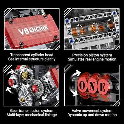 Motorized V8 Engine Model Building Kit, Mechanical Engine Model that Moves, STEM Engineering Assembly Kit with Gear System, Desktop Display Collectible for Adults & Teens