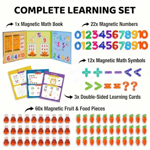 Magnetic Math Manipulatives Set, Addition and Subtraction Learning Toy with 100+ Pcs Numbers and Counters Fraction, Includes 3 Double-Sided Dry Erase Activity Cards for Toddlers and Kids Ages 3-8 - color: Blue