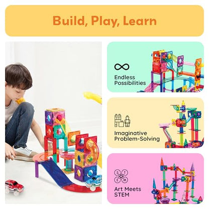 PicassoTiles 108 Piece Marble Run Race Track Set with LED Cars STEM Ages 3+ - color: 3-in-1 108pcs