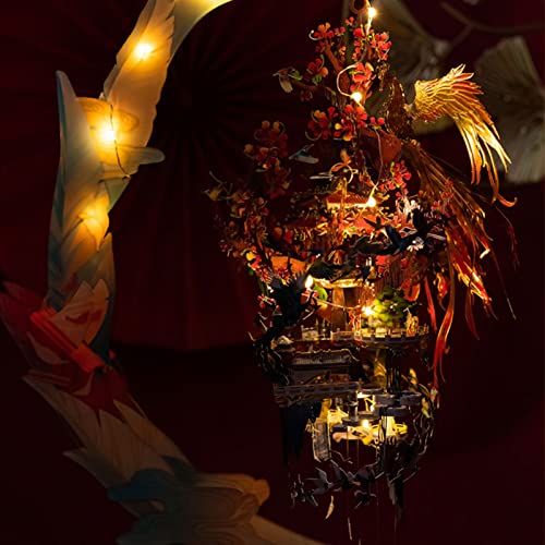 MU 3D Metal Puzzle Magic Fire Phoenix, Birds' Praise to Phoenix Metal Model Kits Building, Lighting Ancient Chinese Palace with Bracket DIY Miniature Building, Birthday Housewasrming Gift Home Decor