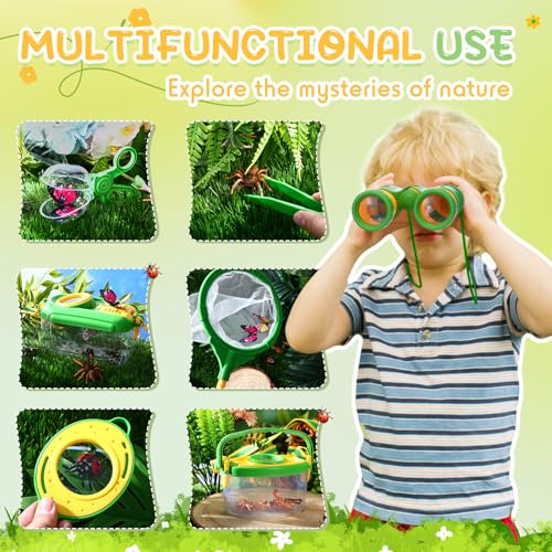 Sherr 7 Pcs Bug Catching Kit for Kids Insect Bug Catching Kit Outdoor Explorer Toys Include Insect Box Butterfly Net Capsule Clip Magnifying Glass Binocular Tweezer Butterfly Viewer Box Adventure Gift