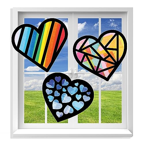 VHALE Suncatchers Craft 3 Sets (9 Cutouts) w Tissue Papers Stained Glass Effect Paper Sun Catcher Kit, Window Art, Classroom Crafts, Creative Art Projects, Kids Party Favors (Valentine Heart) - style: Valentine Heart
